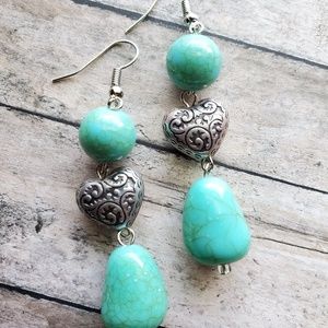 Turquoise with Silver Heart Dangle Earrings